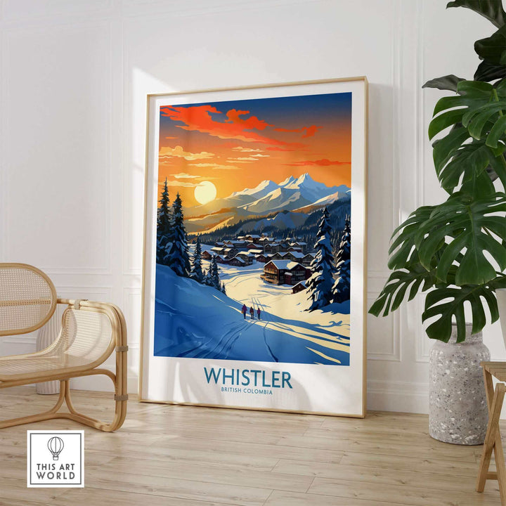 Whistler wall art ski poster with sunset mountain view, perfect for winter sports enthusiasts and home decor.