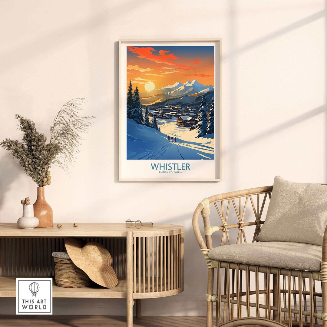 Whistler ski poster wall art in living room setting, showcasing snowy mountain landscape with sunset and cozy chalet.