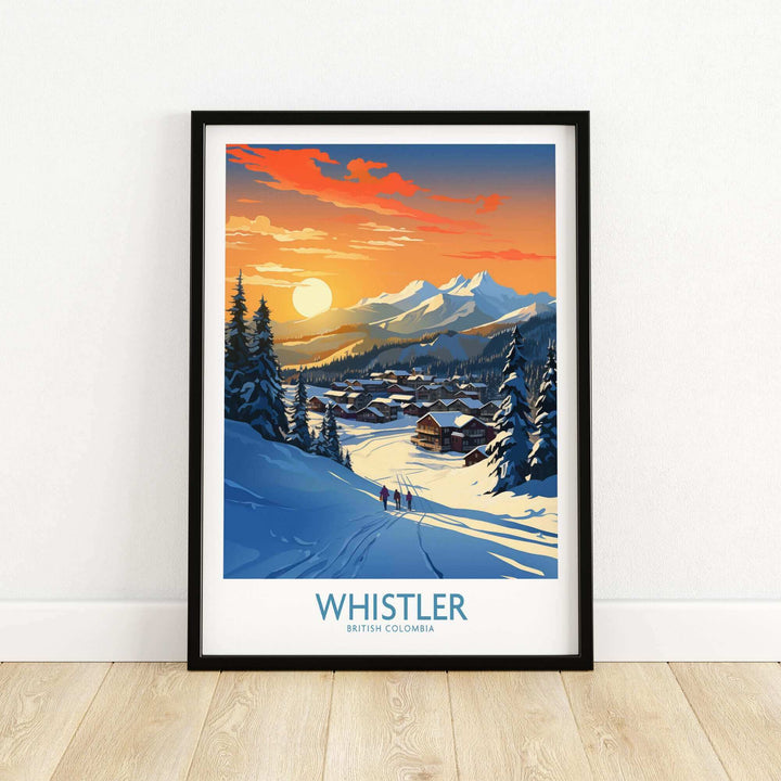 Whistler wall art ski poster showcasing a sunset over snowy mountains and evergreen trees, perfect for winter sport enthusiasts.