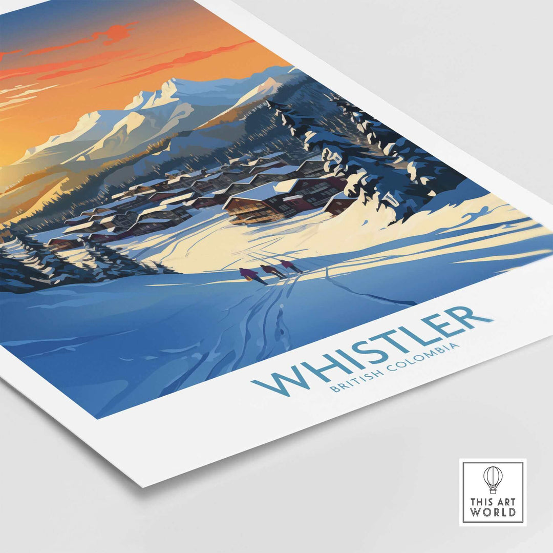 Whistler Wall Art Ski Poster featuring a snowy mountain landscape at sunset, capturing the essence of Whistler, British Columbia.