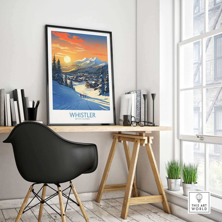 Whistler Wall Art Ski Poster on modern desk, featuring snowy mountain landscape, perfect decor for ski enthusiasts.