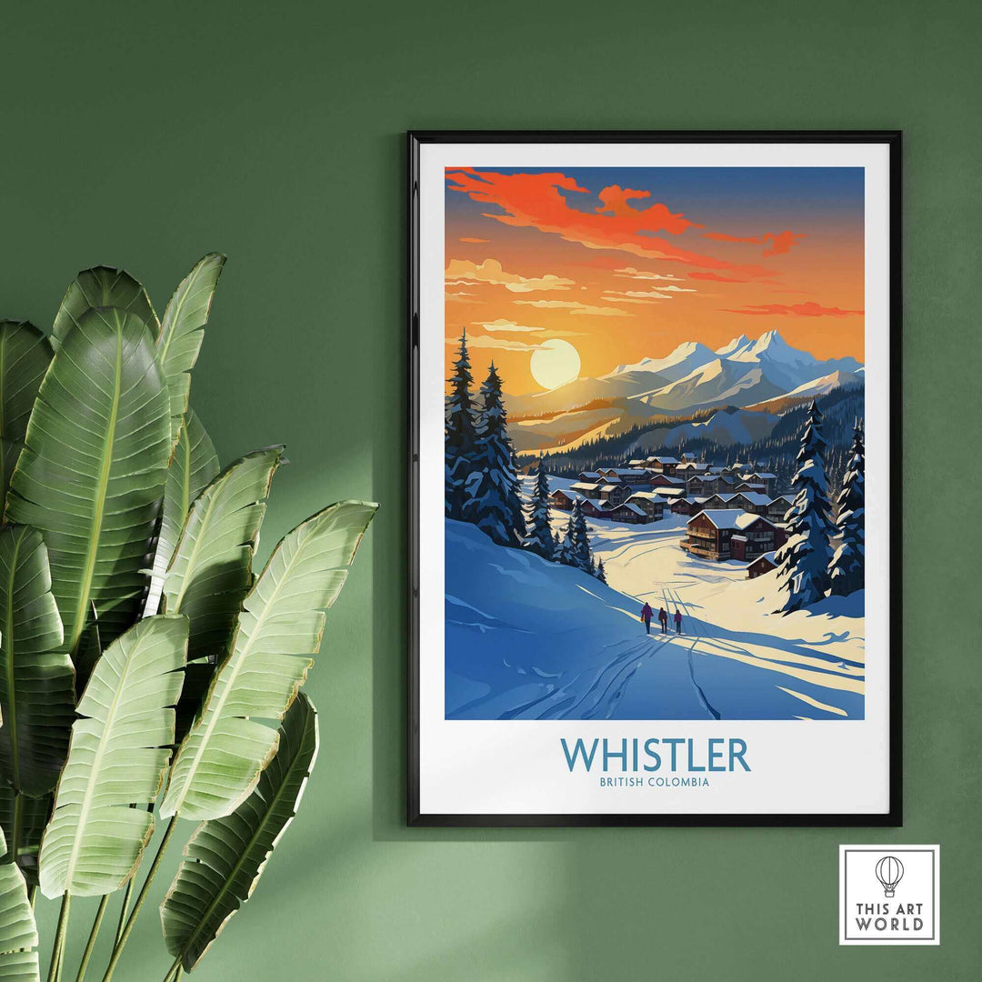 Whistler wall art ski poster depicting a snowy mountain landscape with sunset view, framed and displayed on a green wall.