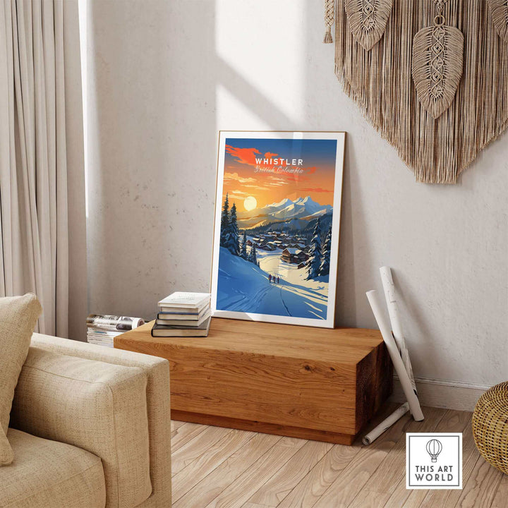 Whistler wall art ski poster in sunlit living room, featuring a scenic mountain snowscape under an orange sunset.