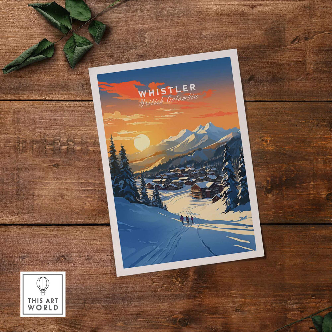 Whistler ski poster featuring sunset mountain scene, perfect wall art for ski enthusiasts.