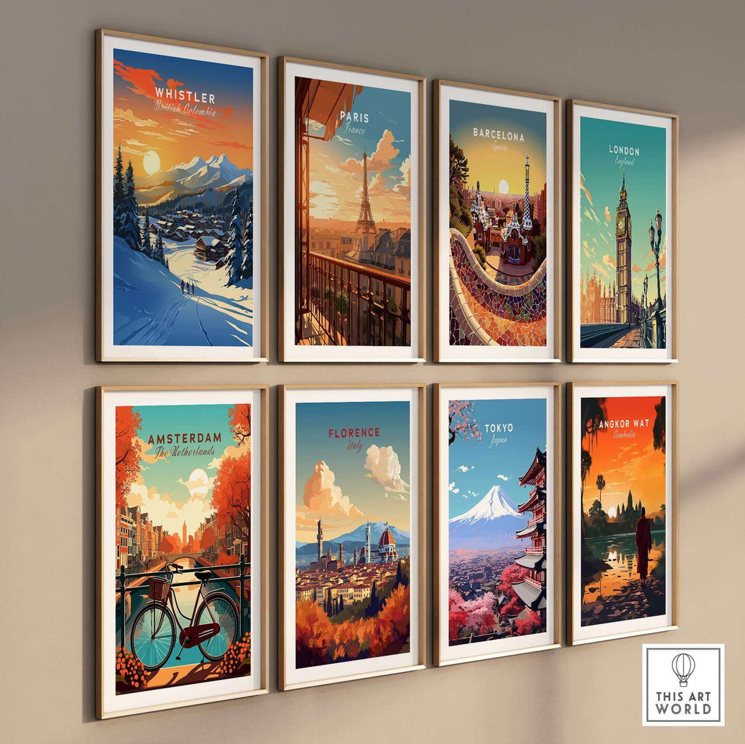 Whistler wall art ski print and travel posters featuring iconic cityscapes, including Paris, Barcelona, and London, on a display wall.