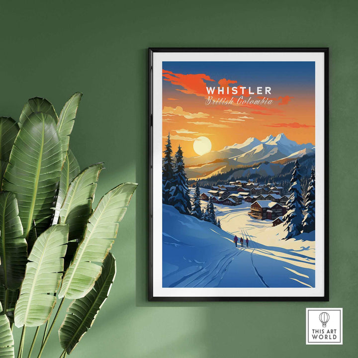 Whistler Wall Art Ski Print featuring snowy mountain landscape with cabins and sunset, ideal ski poster for home decor.