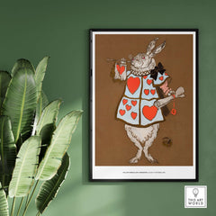 Exhibition Art Print William Henderson White Rabbit Alice in Wonderland Vintage Poster displayed on a green wall with plants.