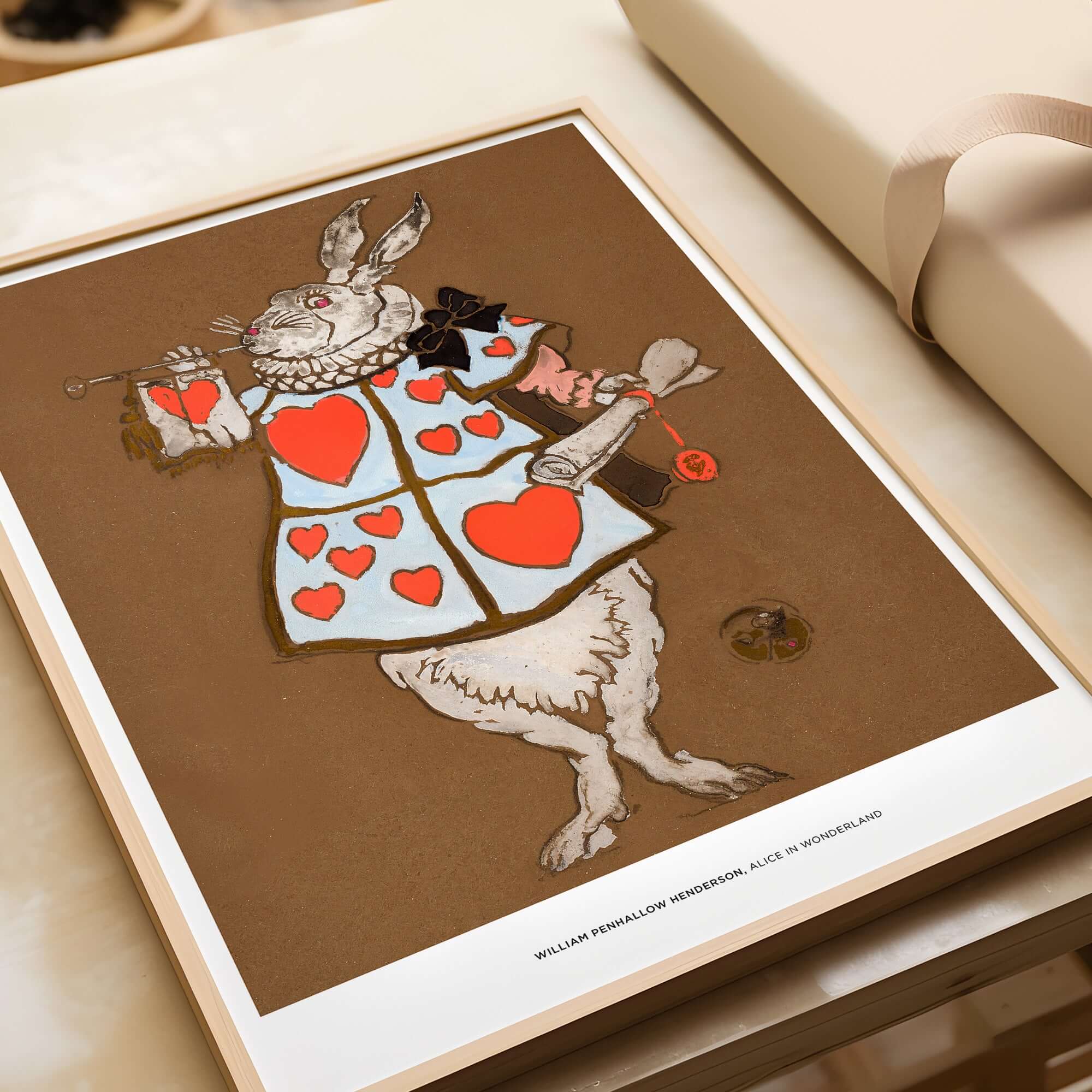 Exhibition Art Print William Henderson White Rabbit Alice in Wonderland Vintage Poster featuring the White Rabbit with hearts.