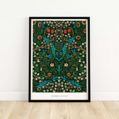 Exhibition Art Print William Morris Tulip Famous Pattern Arts Crafts Floral Poster Wall Art framed on a wall.