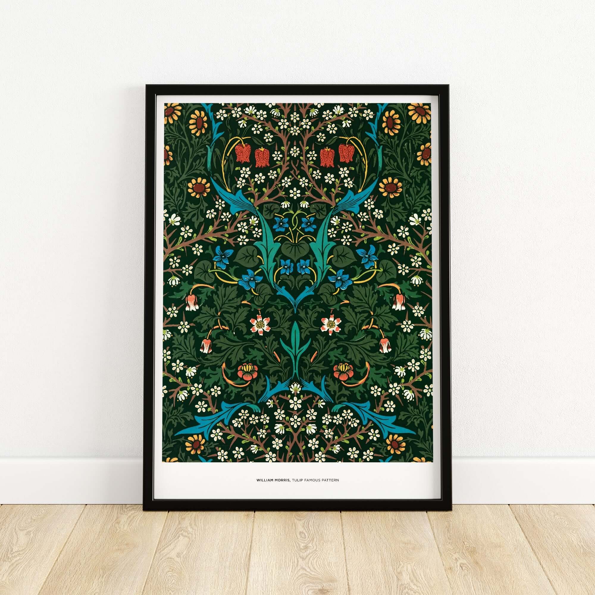 Exhibition Art Print William Morris Tulip Famous Pattern Arts Crafts Floral Poster Wall Art framed on a wall.