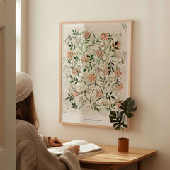 Exhibition Art Print William Morris Jasmine Pattern Floral Botanical Wall Art displayed in a cozy interior setting.
