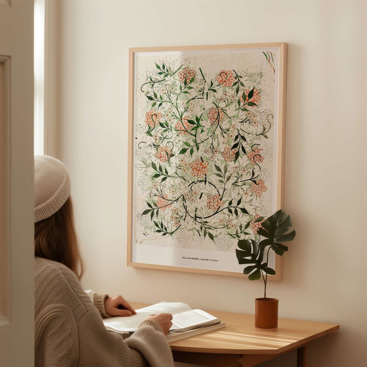 Exhibition art print of William Morris' Jasmine Pattern in a cozy setting, showcasing intricate floral design and warm colors.