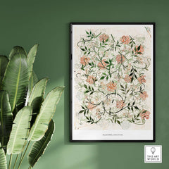 Exhibition Art Print William Morris Jasmine Pattern Floral Botanical Wall Art displayed in a modern interior with greenery.