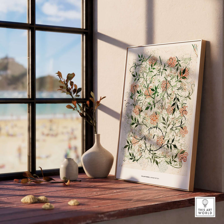 William Morris Jasmine Pattern floral print displayed in a sunlit room, enhancing wall decor with botanical art.