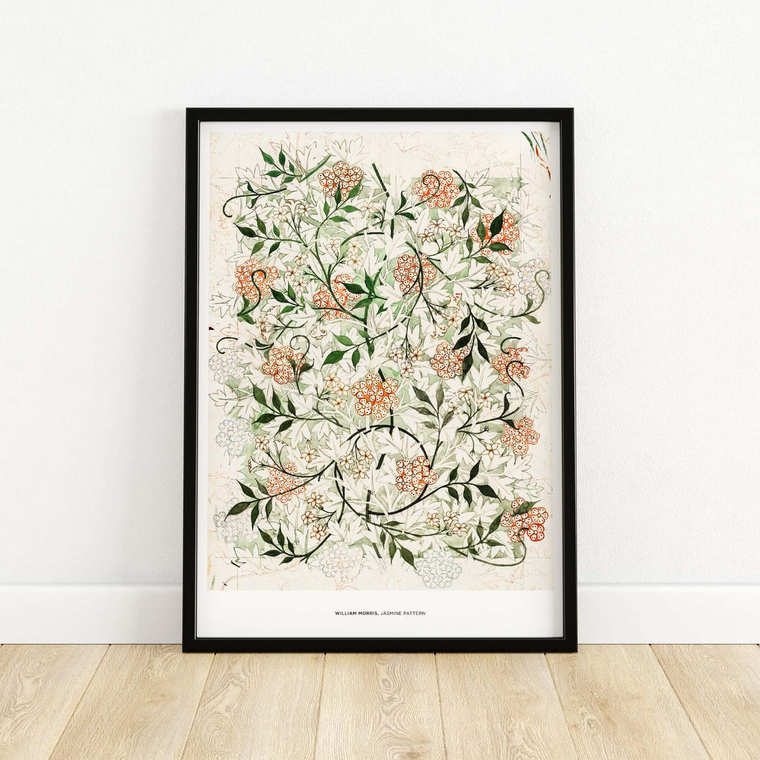 William Morris Jasmine Pattern floral art print in a black frame showcasing intricate botanical design.