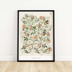 Exhibition Art Print William Morris Jasmine Pattern Floral Botanical Wall Art in a black frame on a wooden floor.