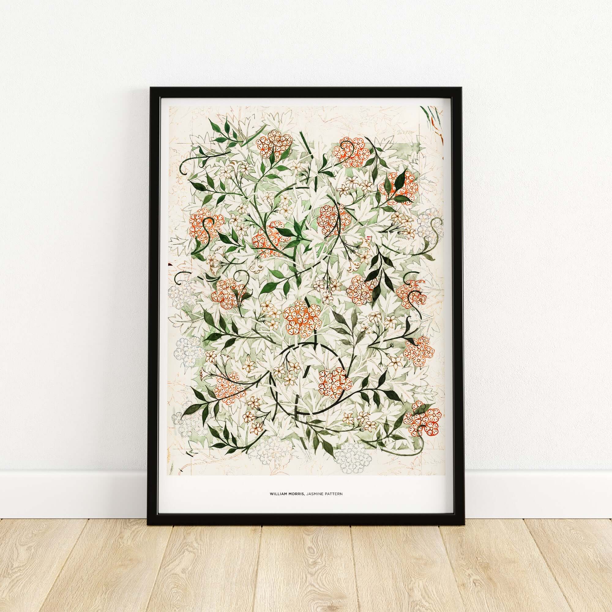 Exhibition Art Print William Morris Jasmine Pattern Floral Botanical Wall Art in a black frame on a wooden floor.