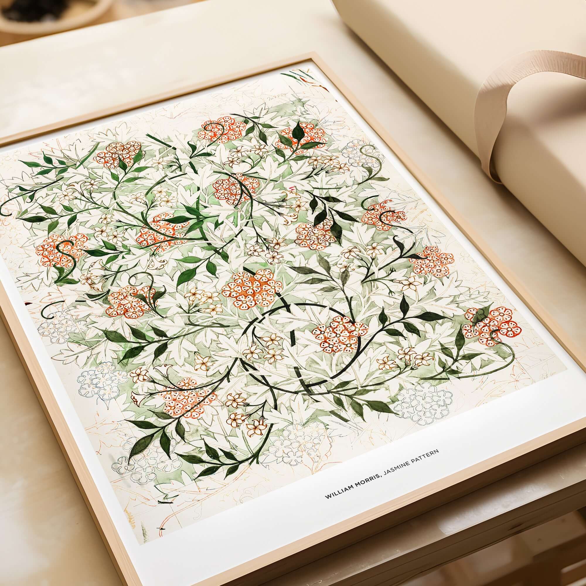 Exhibition Art Print William Morris Jasmine Pattern Floral Botanical Wall Art featuring intricate jasmine flowers and foliage.