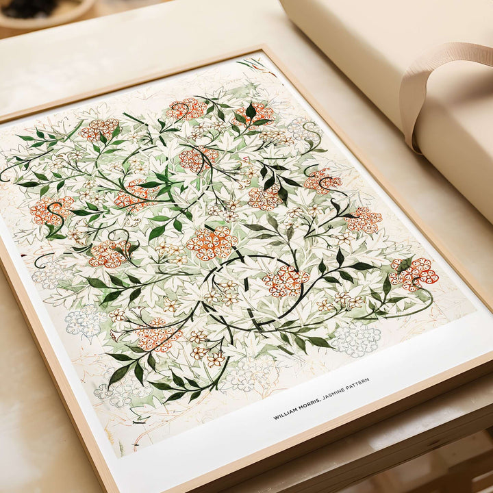 William Morris Jasmine Pattern floral art print showcasing intricate botanical design in warm colors.