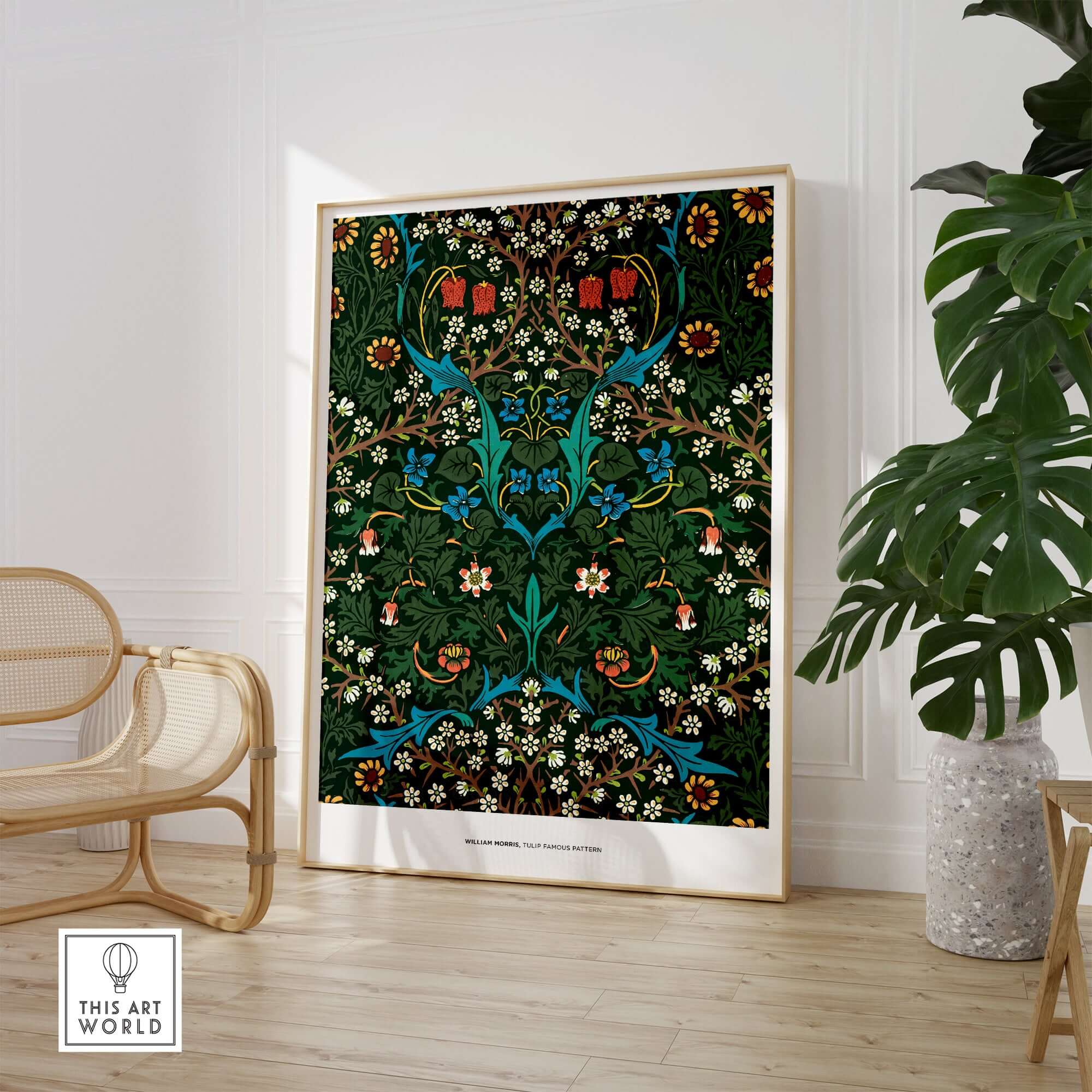 Exhibition Art Print William Morris Tulip Famous Pattern Arts Crafts Floral Poster Wall Art displayed in modern interior.