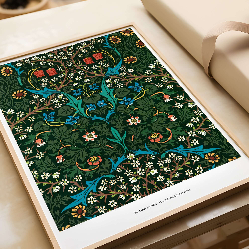 Exhibition Art Print William Morris Tulip Famous Pattern Arts Crafts Floral Poster Wall Art displayed on a table.