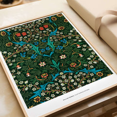 Exhibition Art Print William Morris Tulip Famous Pattern Arts Crafts Floral Poster Wall Art displayed on a table.