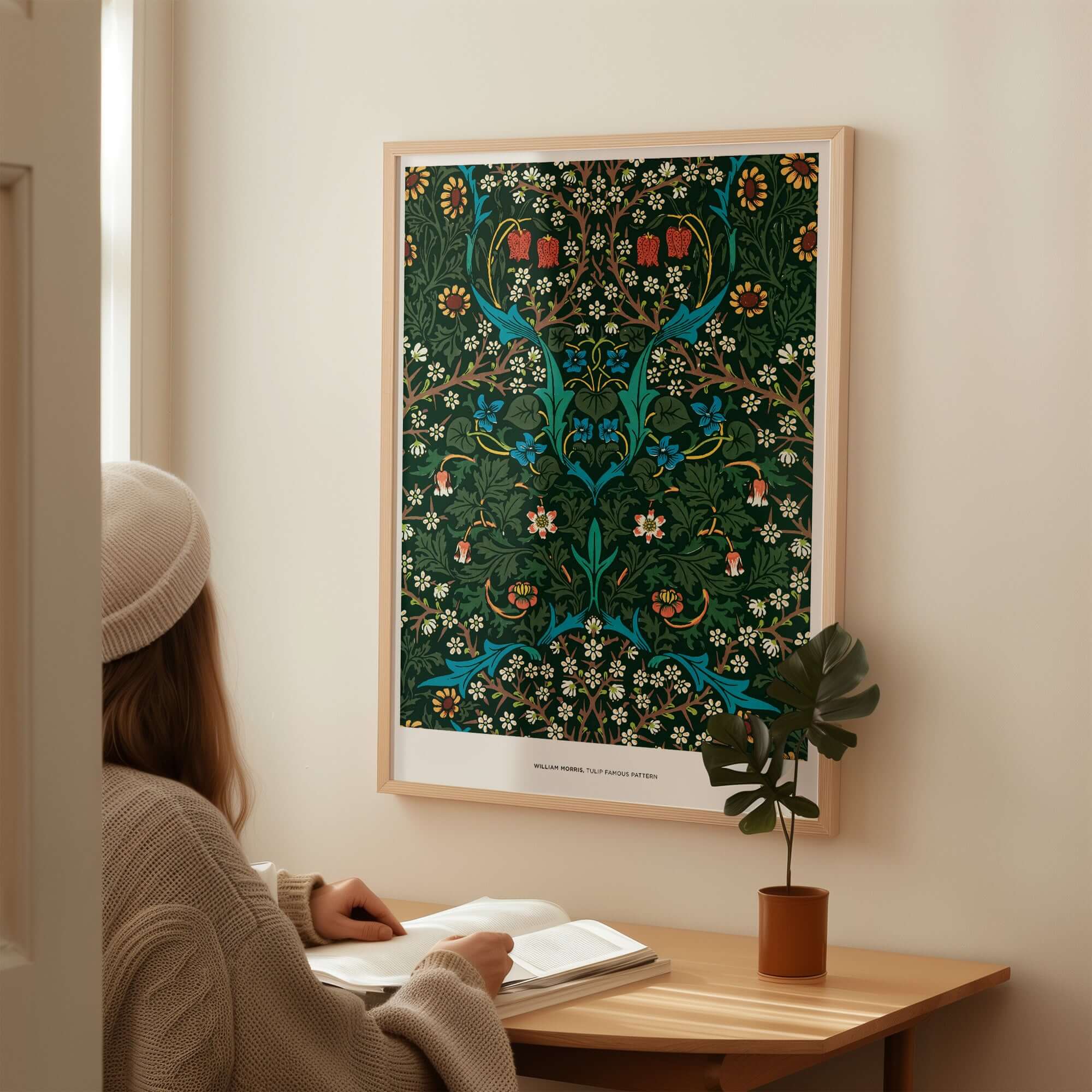 Exhibition Art Print William Morris Tulip Famous Pattern Arts Crafts Floral Poster Wall Art displayed in a cozy room.