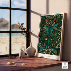 Exhibition Art Print William Morris Tulip Famous Pattern Arts Crafts Floral Poster Wall Art displayed on a windowsill.