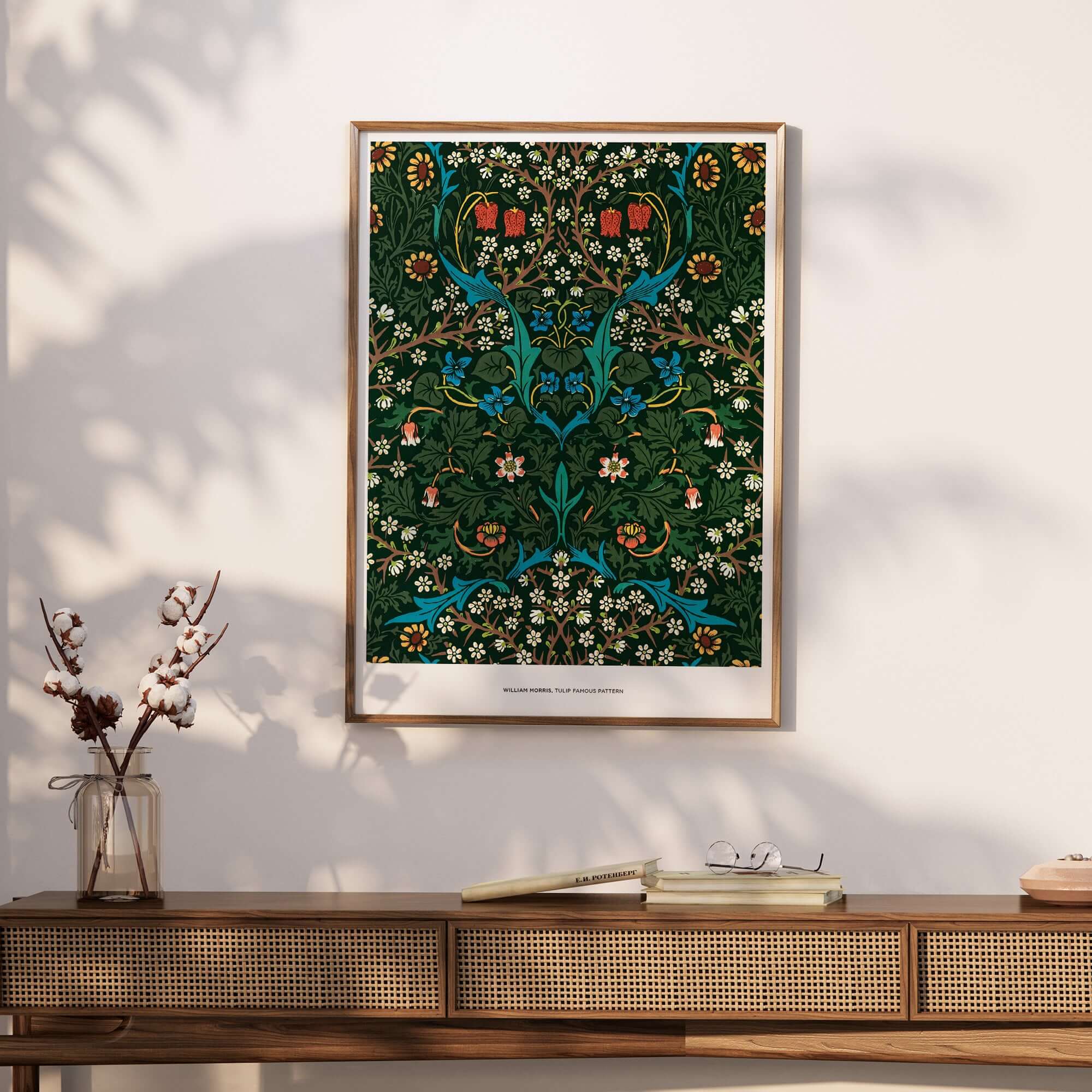 Exhibition Art Print William Morris Tulip Famous Pattern Arts Crafts Floral Poster Wall Art displayed on a stylish wall.