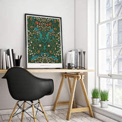 Exhibition Art Print William Morris Tulip Famous Pattern Arts Crafts Floral Poster Wall Art displayed in a modern office setting.
