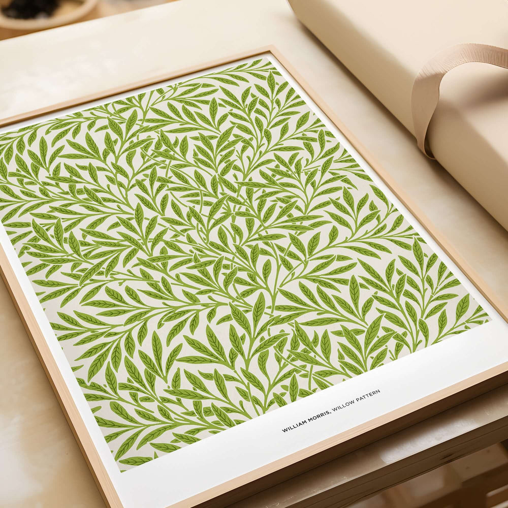 Exhibition Art Print William Morris Willow Pattern Green Botanical Wall Art featuring intricate green willow leaves.