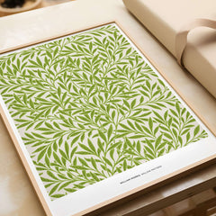 Exhibition Art Print William Morris Willow Pattern Green Botanical Wall Art featuring intricate green willow leaves.