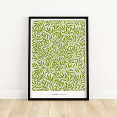 Exhibition Art Print William Morris Willow Pattern Green Botanical Wall Art displaying intricate green willow leaves design.