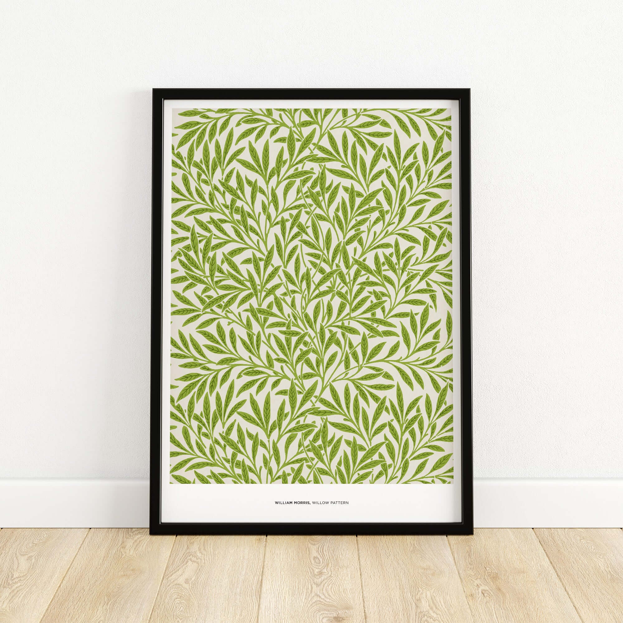 Exhibition Art Print William Morris Willow Pattern Green Botanical Wall Art displaying intricate green willow leaves design.