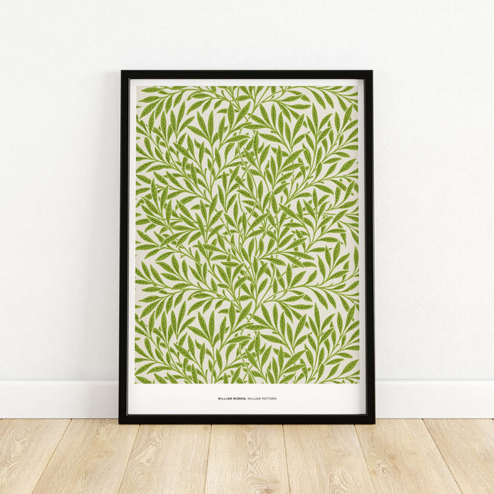 William Morris Willow Pattern green botanical wall art print in a modern black frame.