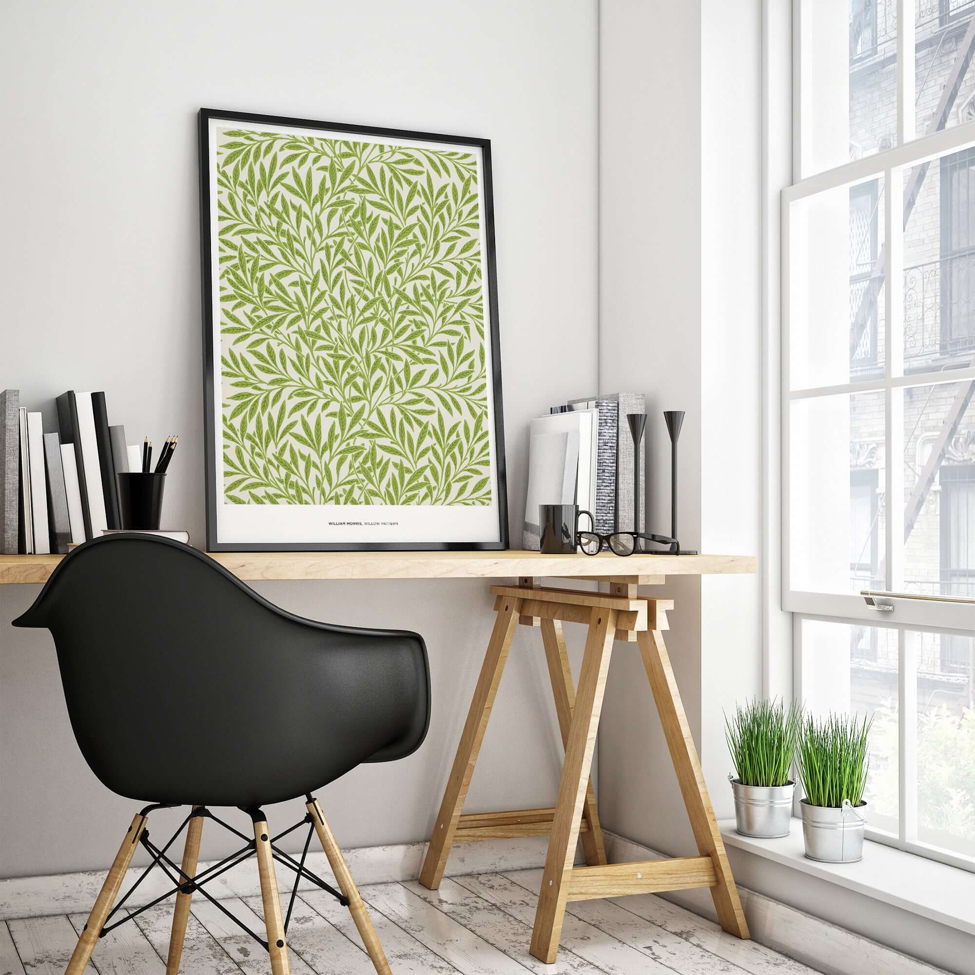 Exhibition Art Print William Morris Willow Pattern Green Botanical Wall Art displayed in a modern workspace interior.