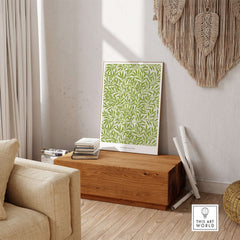 Exhibition Art Print William Morris Willow Pattern Green Botanical Wall Art displayed in a modern living room setting.