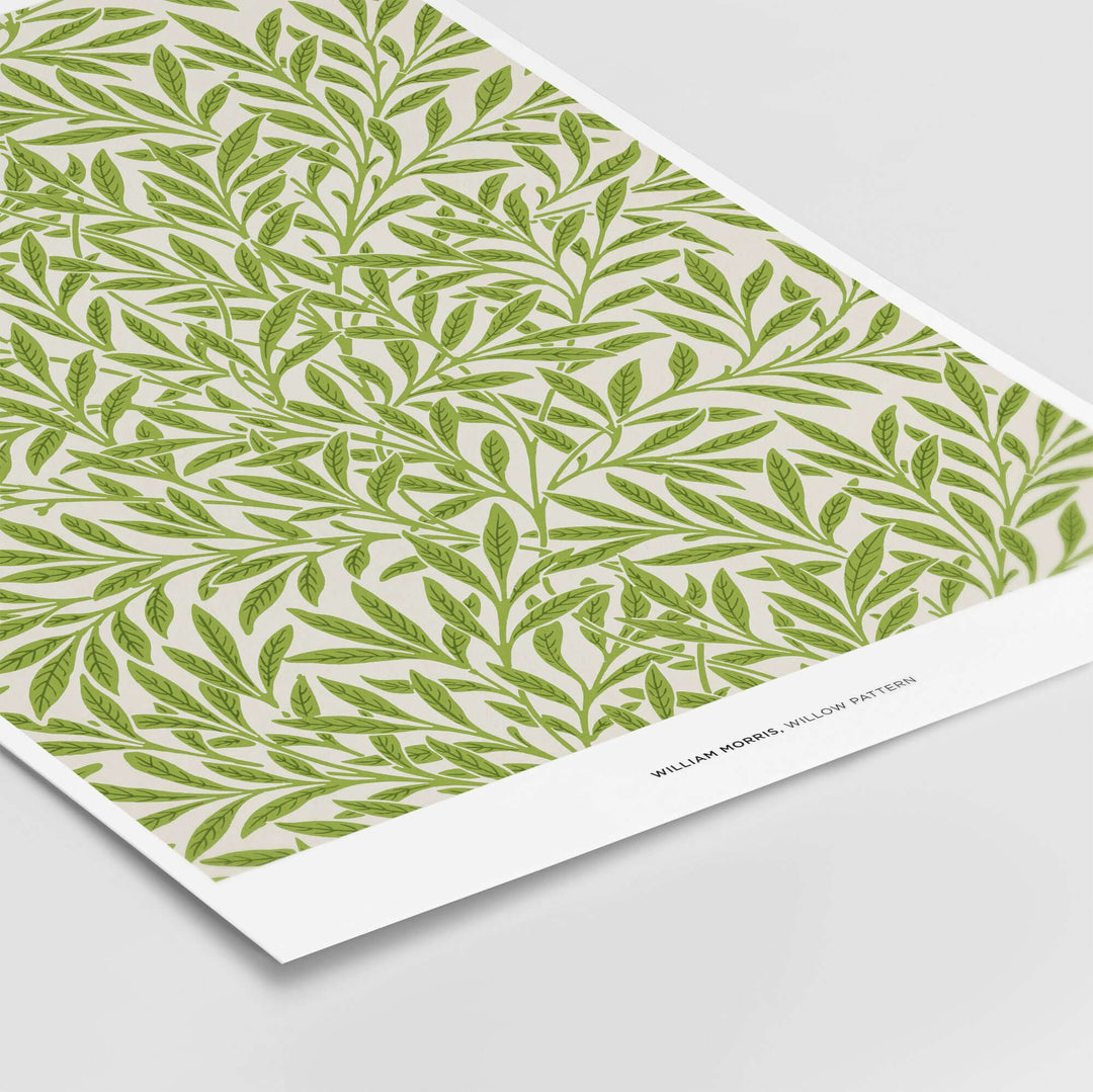 William Morris Willow Pattern green botanical wall art print featuring intricate leaf design on light background.