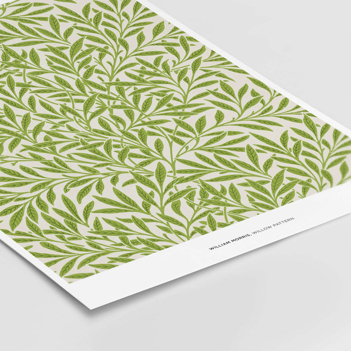 William Morris Willow Pattern green botanical wall art print featuring intricate leaf design on light background.