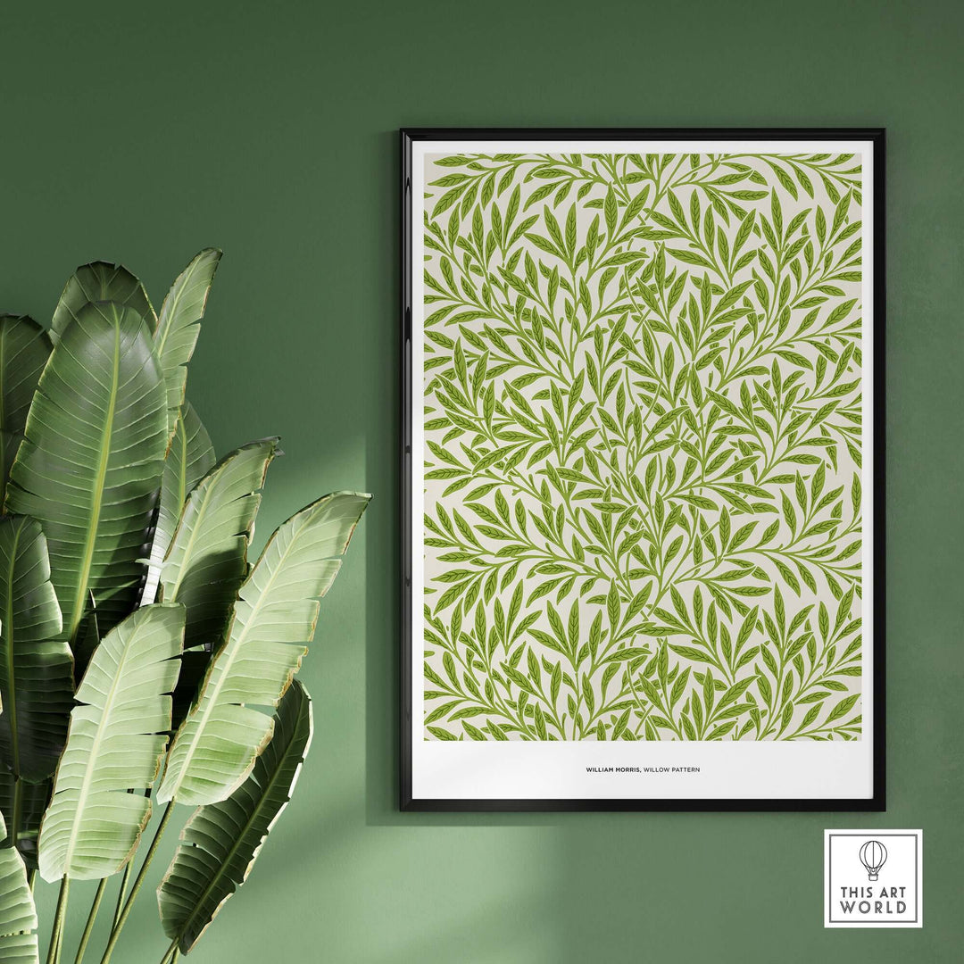William Morris Willow Pattern exhibition art print featuring green botanical leaves on a light background.