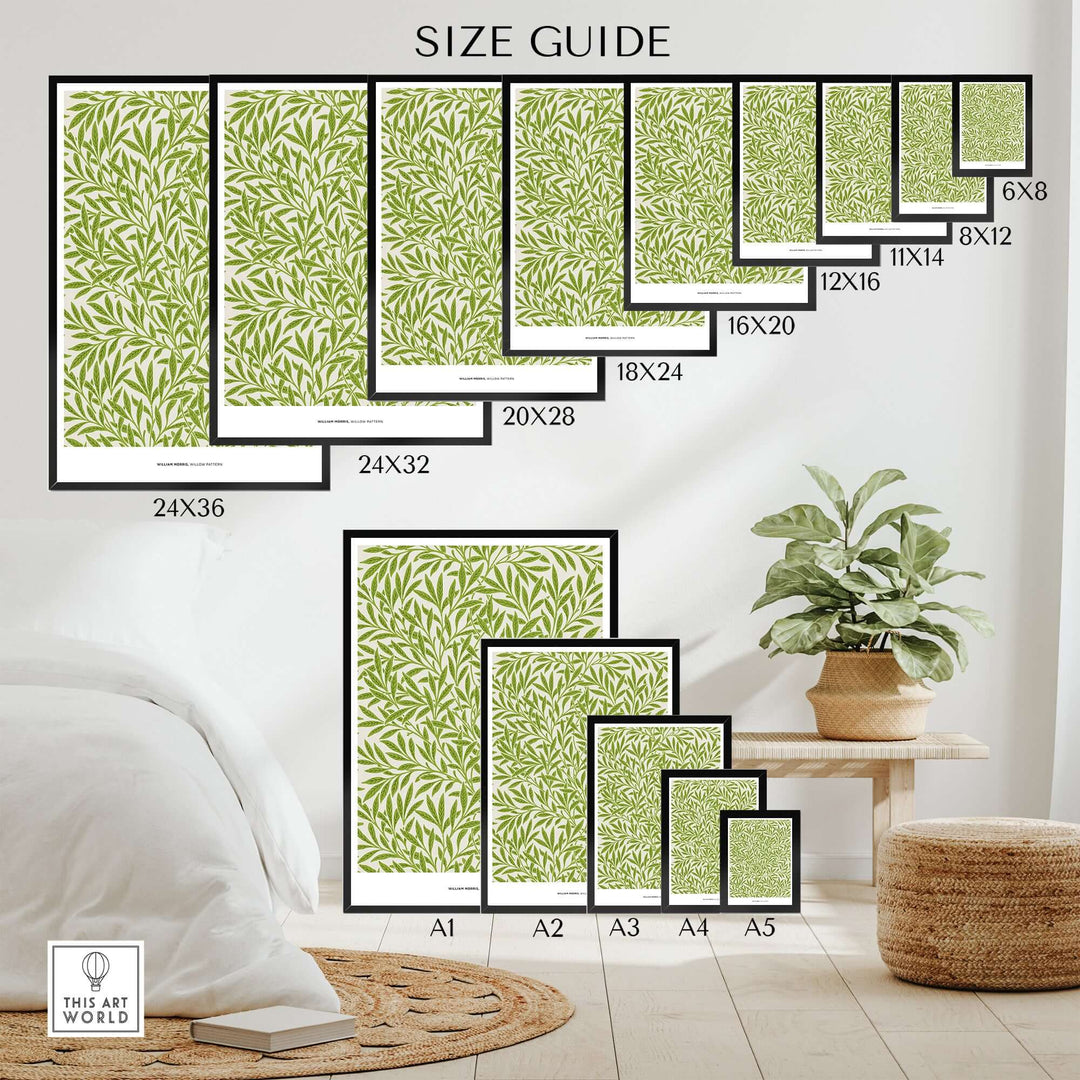 Size guide for Exhibition Art Print featuring William Morris' Willow Pattern in various frame sizes.