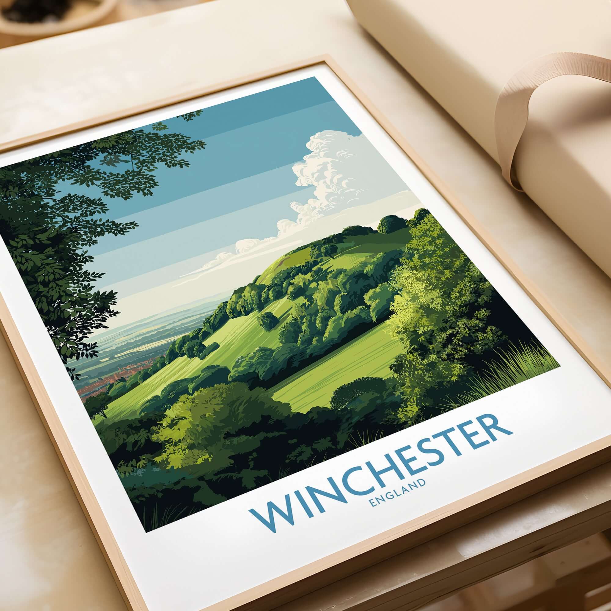 Winchester Travel Print - British Travel Destination Decor featuring Old Winchester Hill in beautiful green landscape.