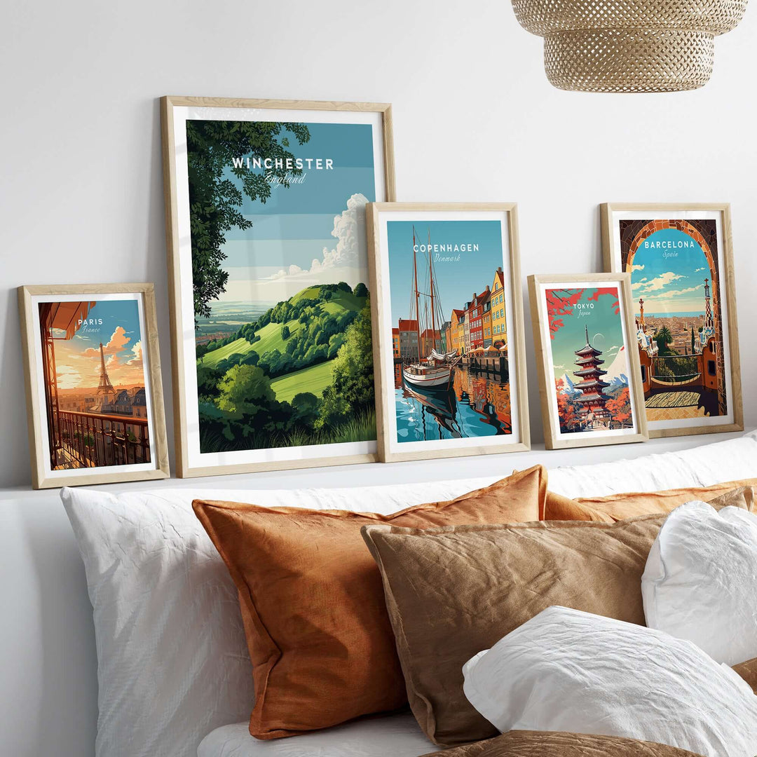 Winchester Print wall art featuring Old Winchester Hill among framed artwork in a stylish living space.