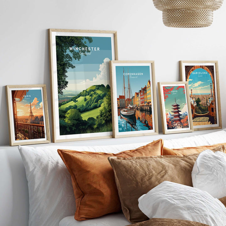 Winchester Print wall art featuring Old Winchester Hill among framed artwork in a stylish living space.