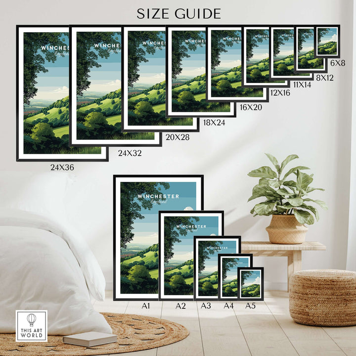 Size guide for Winchester Print wall art featuring various frame sizes and scenic landscape design.