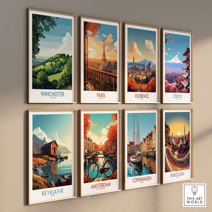 Gallery of travel destination prints including Winchester, Paris, Florence, Tokyo, Reykjavik, Amsterdam, Copenhagen, and Barcelona.