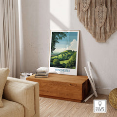 Winchester Travel Print - British Travel Destination Decor displayed in a cozy living room setting.