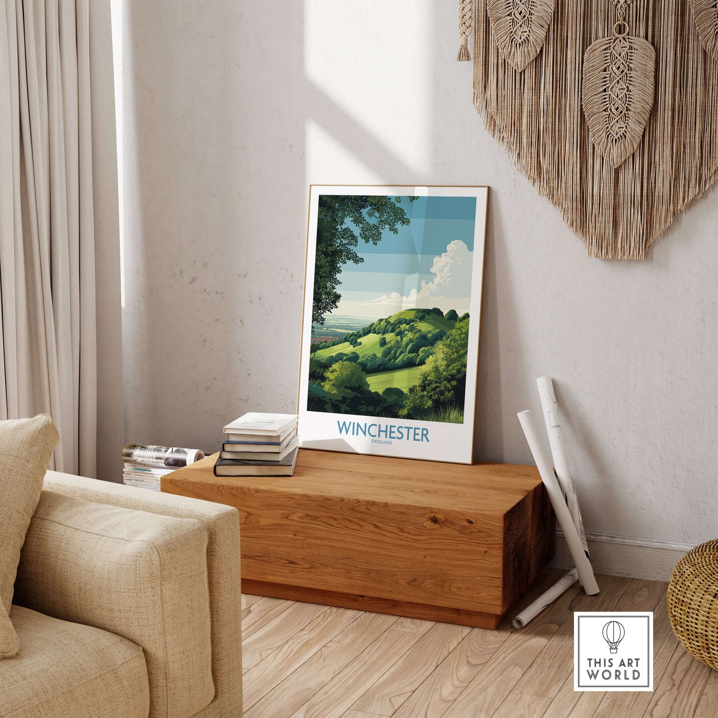 Winchester Travel Print - British Travel Destination Decor displayed in a cozy living room setting.