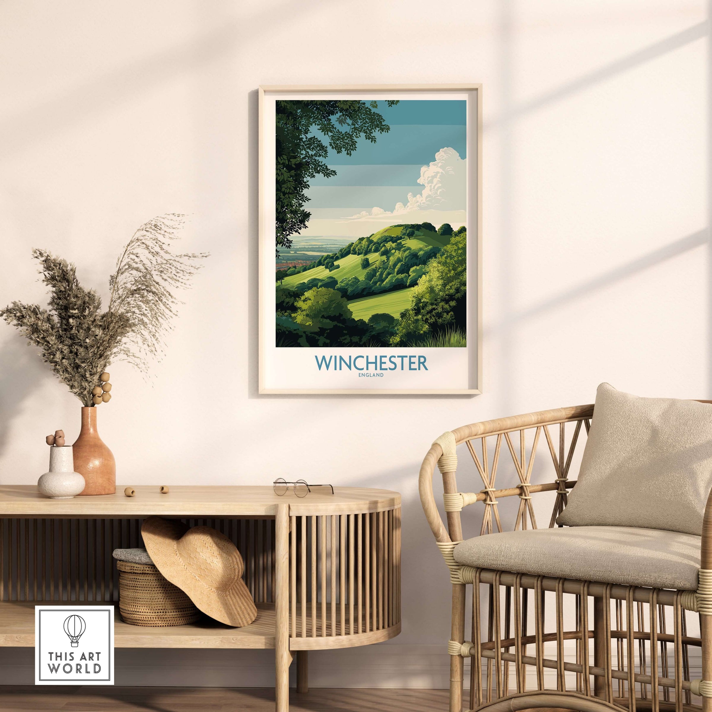 Winchester Travel Print - British Travel Destination Decor displayed in a stylish living room setting with a rattan chair.