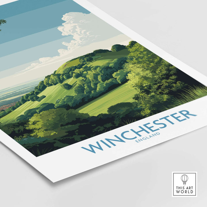 Winchester Travel Print featuring Old Winchester Hill, colorful British landscape decor for travel enthusiasts.